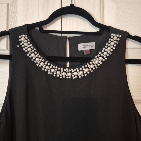 Tahari Black Jumpsuit size 12 - Arthur Levine designer Polyester Pearl Collar - Picture 3 of 7